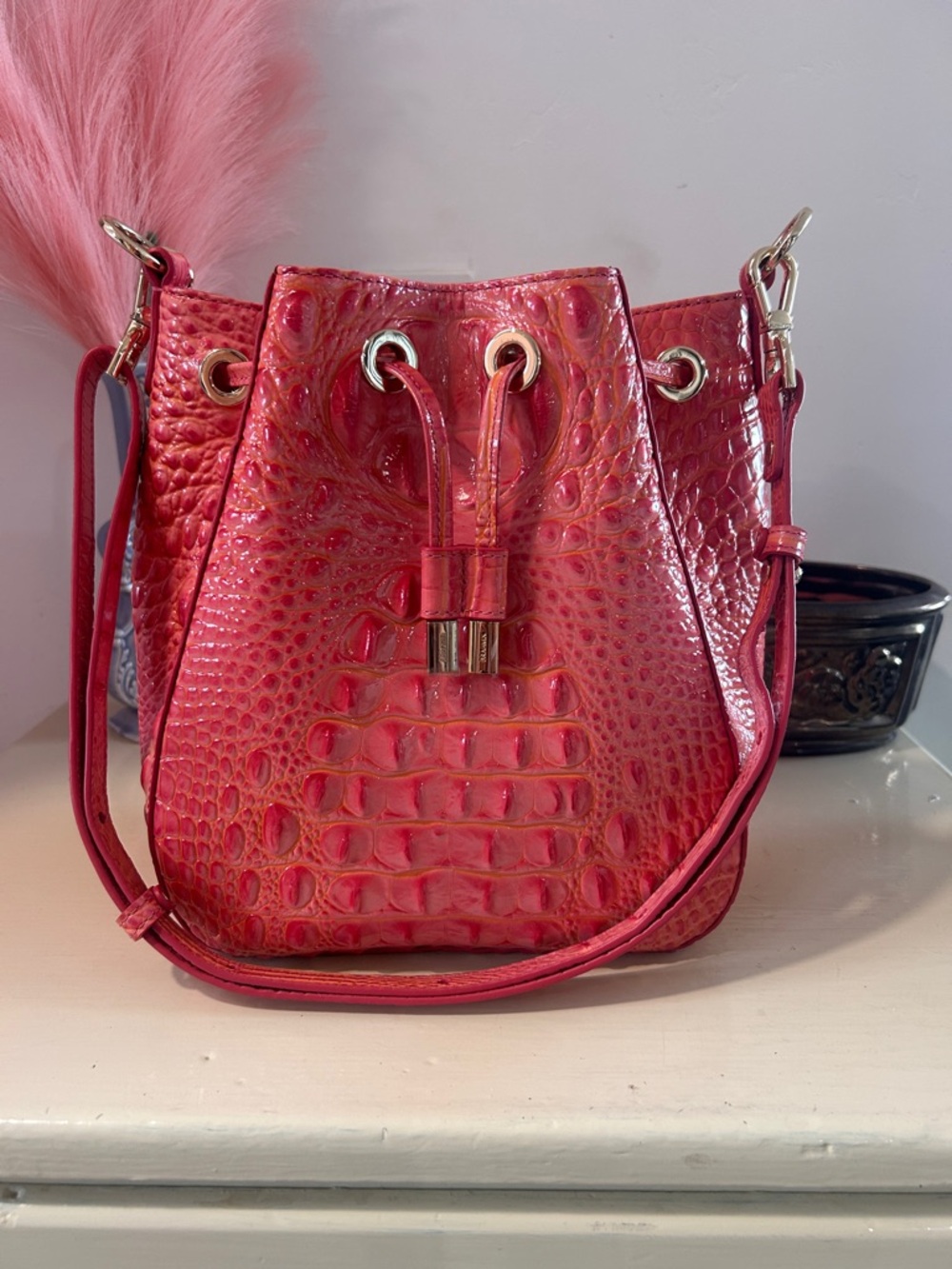 Brahmin snap dragon Croc-Embossed Drawstring Crossbody